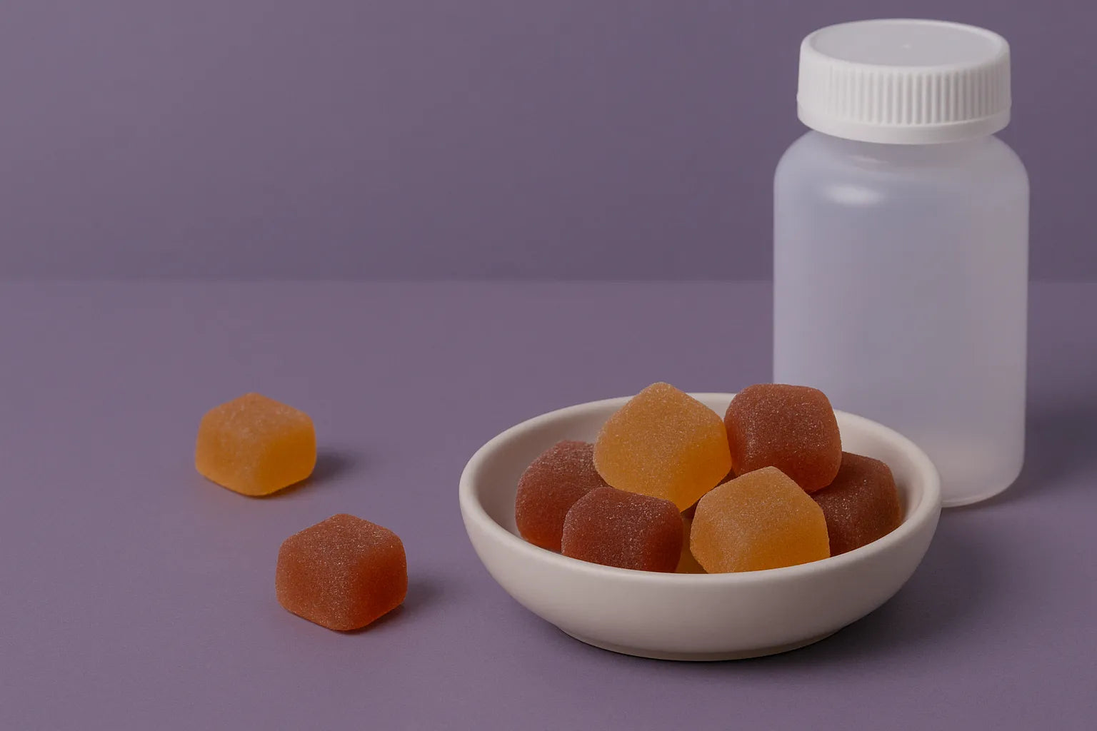 Gummies CBD et CBN à la mélatonine dans un bol avec une bouteille sur un fond violet