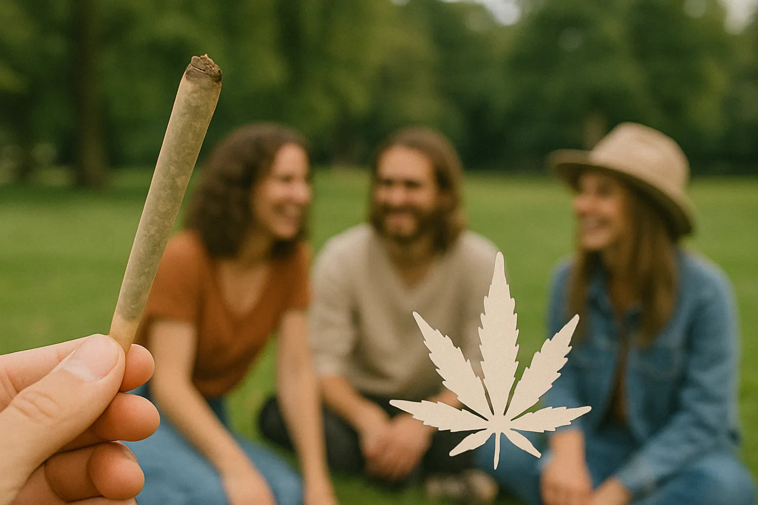 Main tenant un joint de cannabis devant un groupe d'amis assis sur l'herbe dans un parc