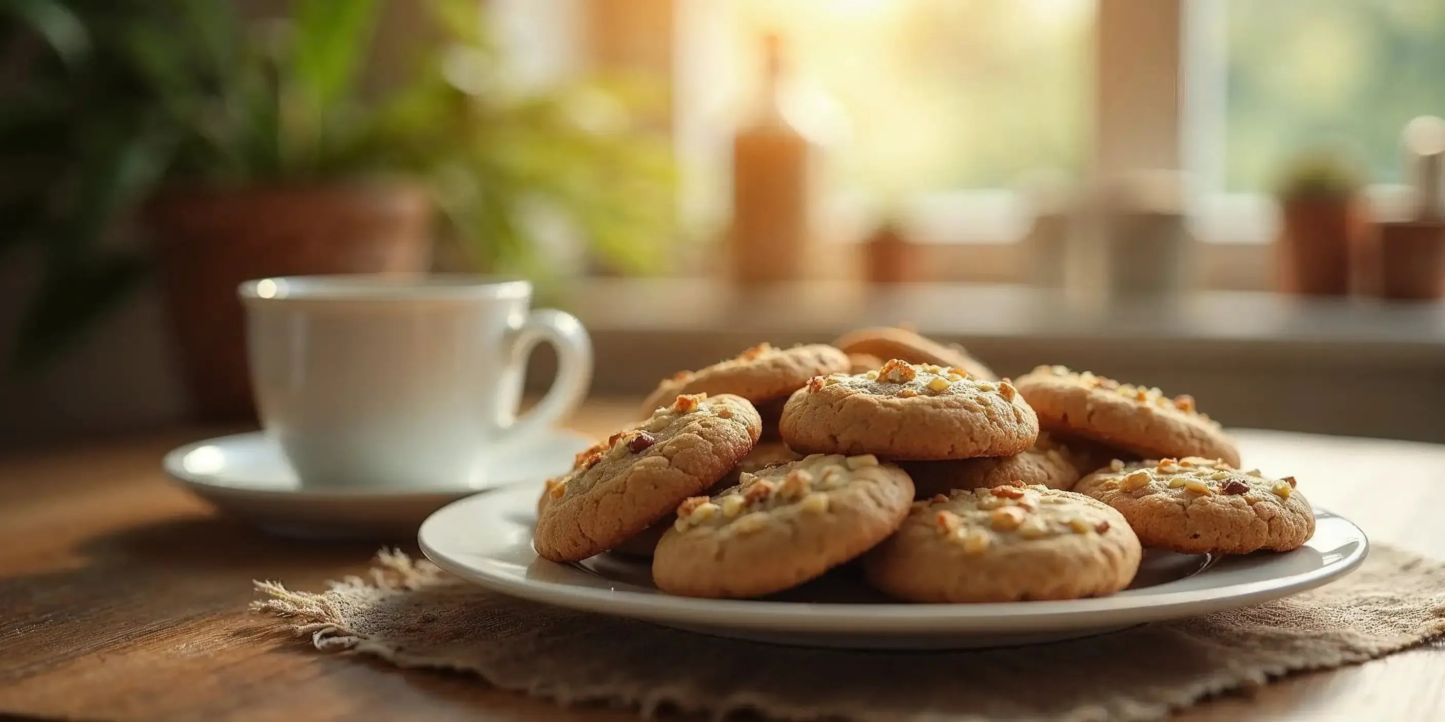 CBD Cookies servis sur une assiette avec une tasse de café