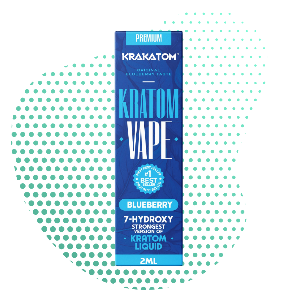 Emballage de vape Blue Kratom avec texte saveur myrtille.