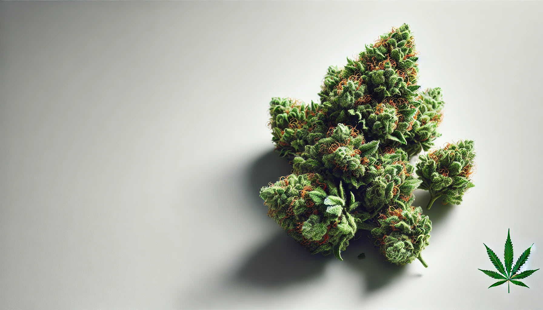 Bourgeons de Cannabis sur une surface blanche avec une icône de feuille.